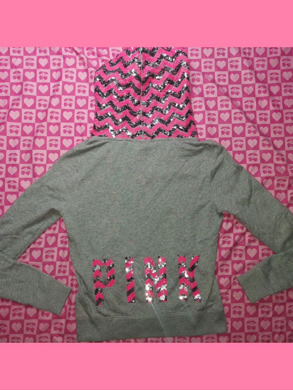Y2K Victorias Secret PINK Sequin Hooded Sweatshirt Gray with Pink Sequin Accents